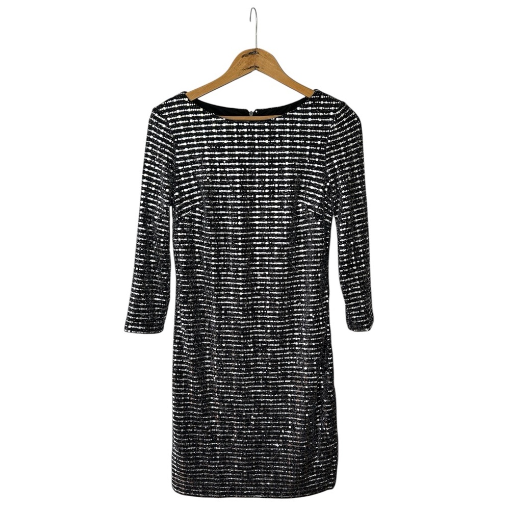 JH Evenings | Women’s Black/Silver Shiny Sparkle 3/4 Sleeve Mini Party Dress 4